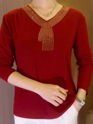 2024 High quality winter velvet long sleeve t-shirt with rhinestones, warm and fashionable