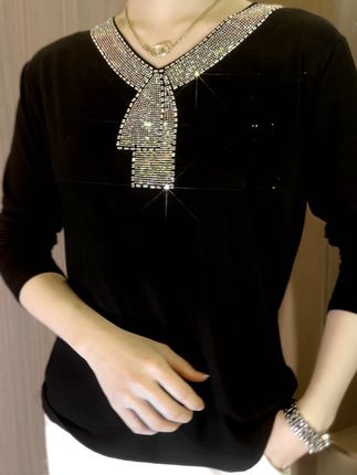 2024 High quality winter velvet long sleeve t-shirt with rhinestones, warm and fashionable