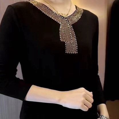 2024 High quality winter velvet long sleeve t-shirt with rhinestones, warm and fashionable