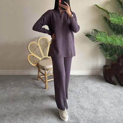 Women's Cozy Ribbed Knit Two-Piece Set with Slit-Leg Pants