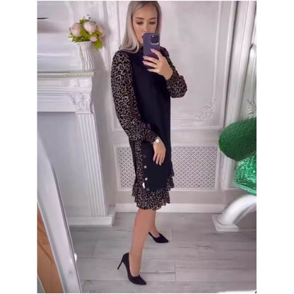 🎅Christmas Specials 50% OFF🎁Leopard Color Blocking Mock Neck Knee-Length Dress