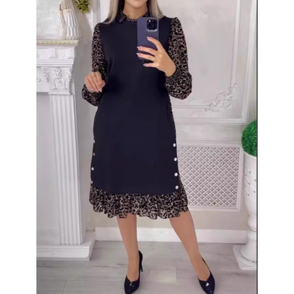 🎅Christmas Specials 50% OFF🎁Leopard Color Blocking Mock Neck Knee-Length Dress