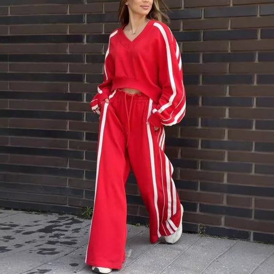 💕New sports suit 63% OFF💕V-Neck Sweatshirt & Wide-Leg Pants 2-Piece Set