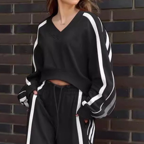 💕New sports suit 63% OFF💕V-Neck Sweatshirt & Wide-Leg Pants 2-Piece Set