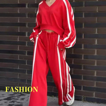 💕New sports suit 63% OFF💕V-Neck Sweatshirt & Wide-Leg Pants 2-Piece Set