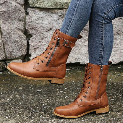 Women's Round Toe Side Zipper Leather Orthopedic Boots