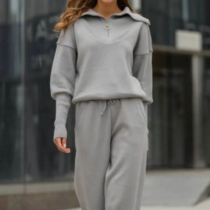 Women's Casual Sporty 2-Piece Set - Half-Zipper Lapel Top & Matching Jogger