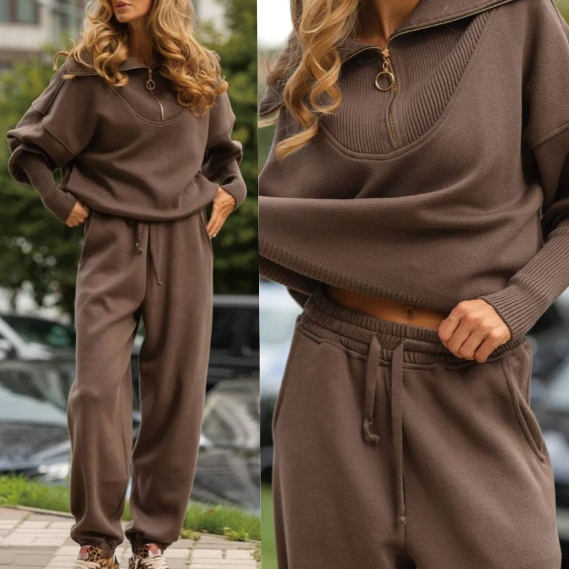 Women's Casual Sporty 2-Piece Set - Half-Zipper Lapel Top & Matching Jogger