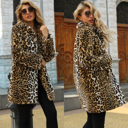 ❄️Winter Specials❄️Women's Fashion Leopard Print Warm Faux Fur Mid-Length Coat