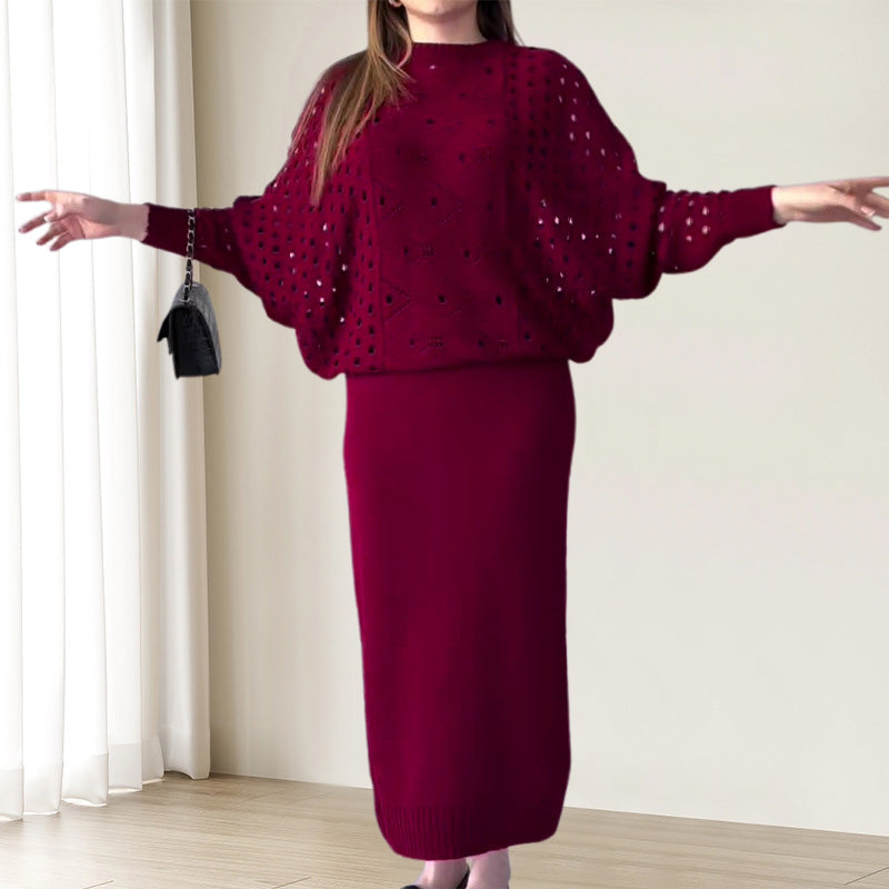 Knit Openwork Long Sleeve Top & Sleeveless Dress Set