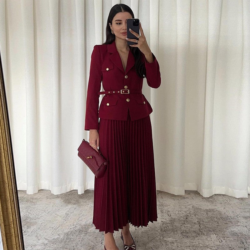 🎅Early Xmas Sales - 50% OFF🎄Women's Lapel Blazer & Pleated Maxi Skirt 2-Piece Set with Matching Belt