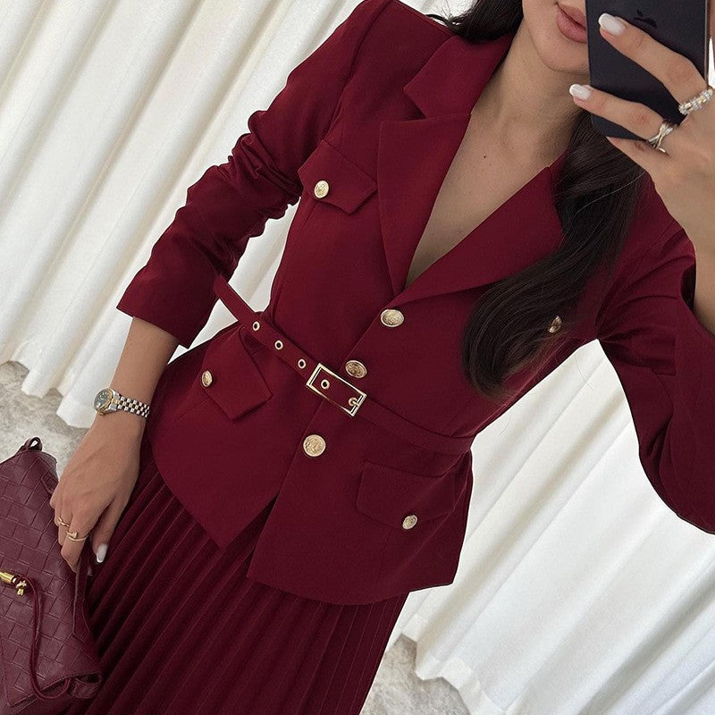 🎅Early Xmas Sales - 50% OFF🎄Women's Lapel Blazer & Pleated Maxi Skirt 2-Piece Set with Matching Belt