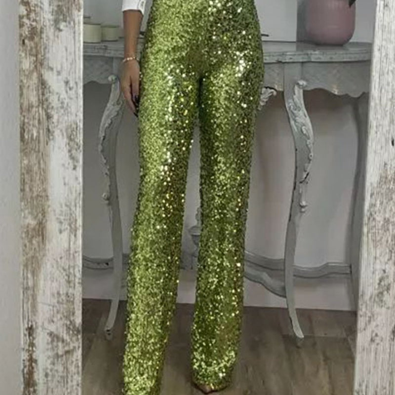 Women's High-Waist Sequin Slim Stretch Pants with Flared Legs