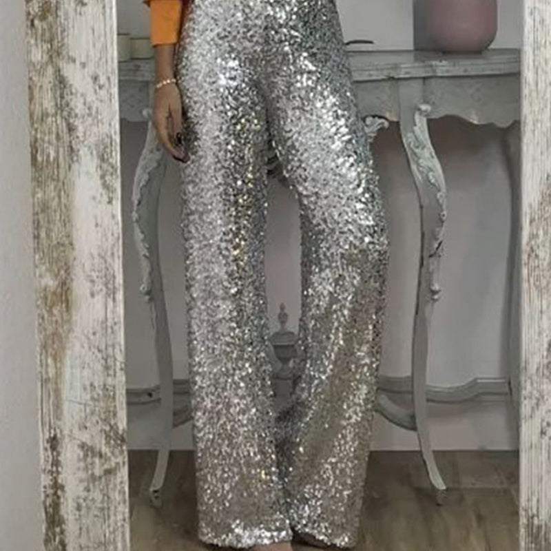 Women's High-Waist Sequin Slim Stretch Pants with Flared Legs