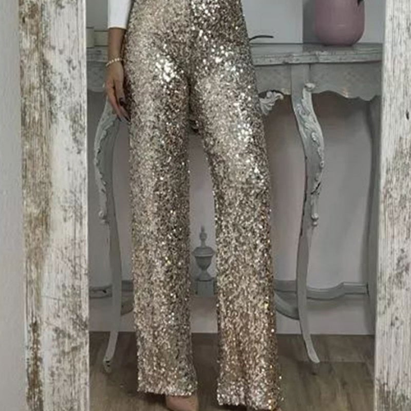 Women's High-Waist Sequin Slim Stretch Pants with Flared Legs