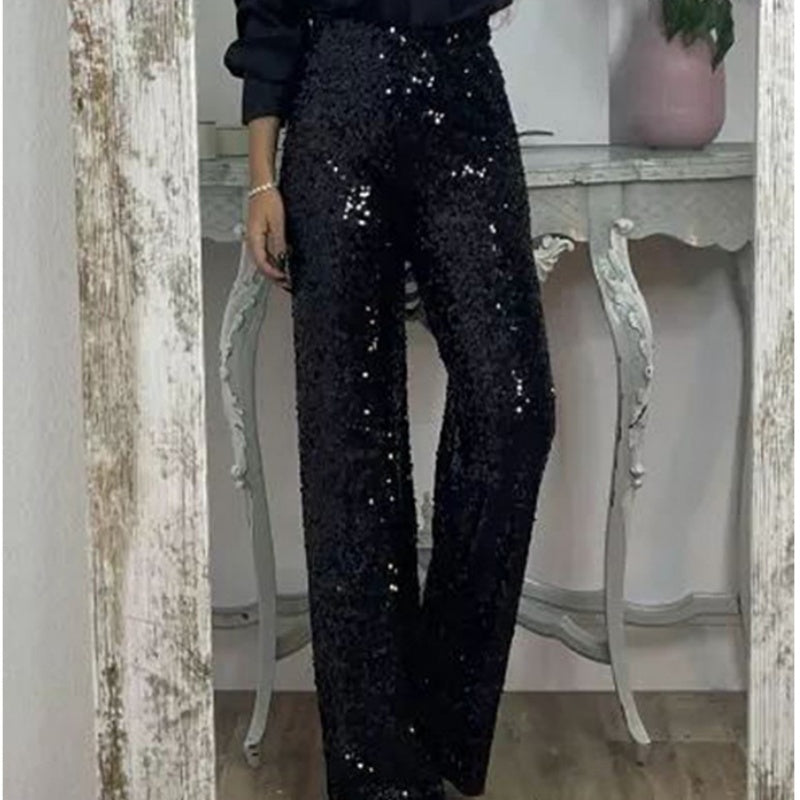 Women's High-Waist Sequin Slim Stretch Pants with Flared Legs