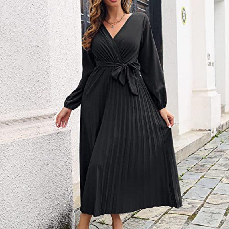 🎅Xmas Sales - 50% OFF🎄Women's Long Length Pleated Wrap Tie Dress