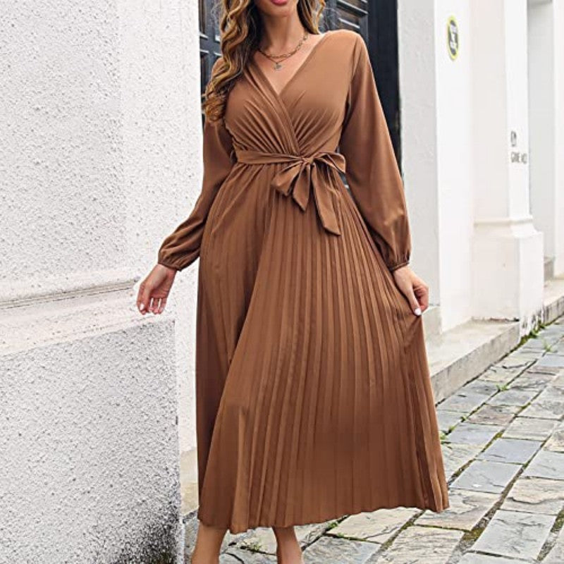 🎅Xmas Sales - 50% OFF🎄Women's Long Length Pleated Wrap Tie Dress