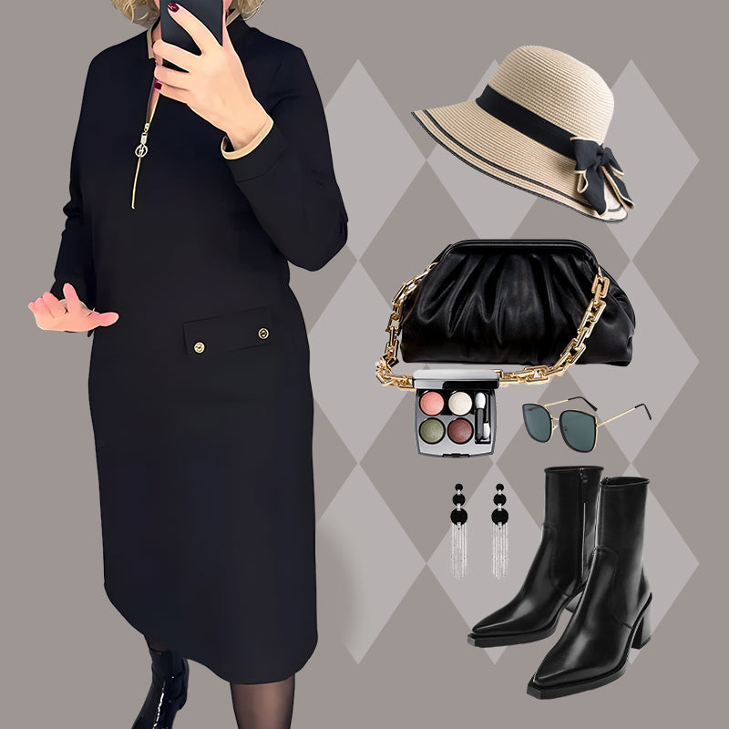 Women's Elegant Black Long-Sleeve Dress