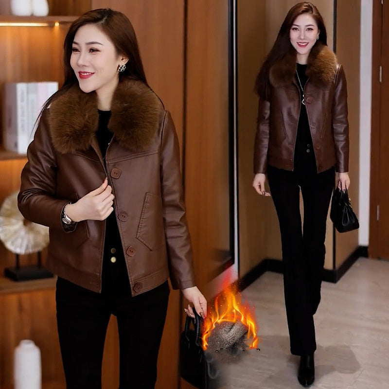 Women's Warm PU Leather Jacket with Plush Collar