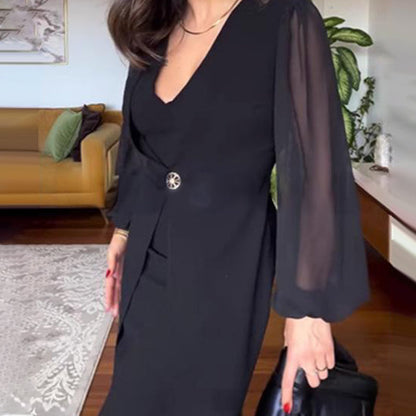 💖LAST DAY SALE 50% OFF🌹Women's Elegant V-Neck Mesh Long Lantern Sleeve Dress