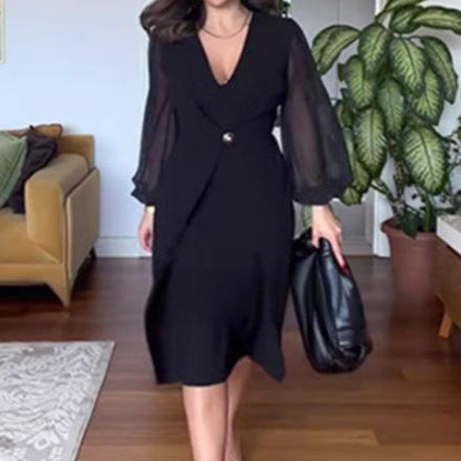 💖LAST DAY SALE 50% OFF🌹Women's Elegant V-Neck Mesh Long Lantern Sleeve Dress