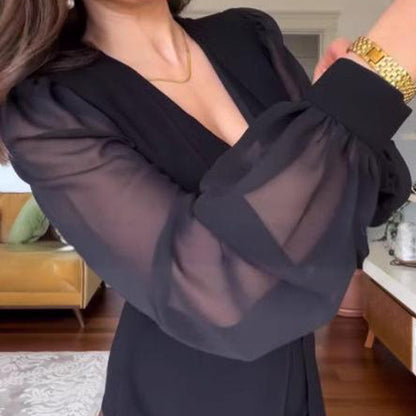 💖LAST DAY SALE 50% OFF🌹Women's Elegant V-Neck Mesh Long Lantern Sleeve Dress