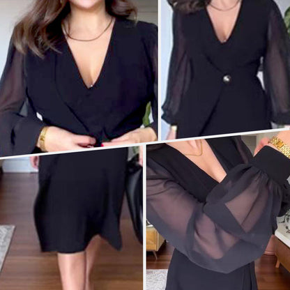 💖LAST DAY SALE 50% OFF🌹Women's Elegant V-Neck Mesh Long Lantern Sleeve Dress