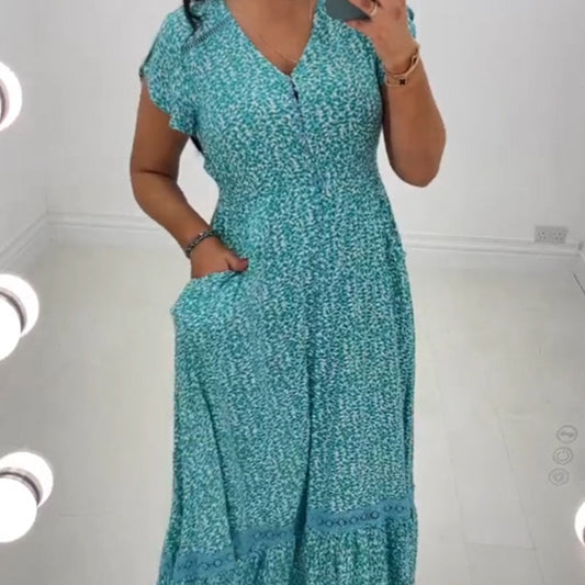 🪻✨Women's Blue Leopard Print Short Sleeve V-Neck Dress🪻✨