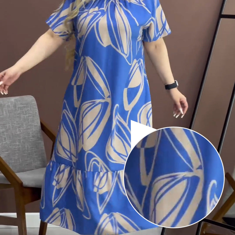 Elegant Round Neck Printed Flowy Dress
