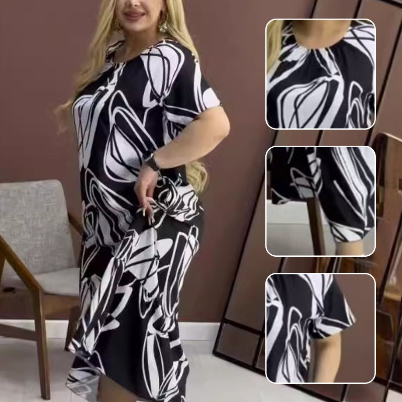 Elegant Round Neck Printed Flowy Dress