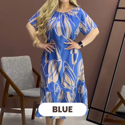 Elegant Round Neck Printed Flowy Dress