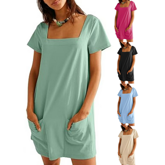 Square neck short-sleeved pocket dress|slim and comfortable, a daily must-have