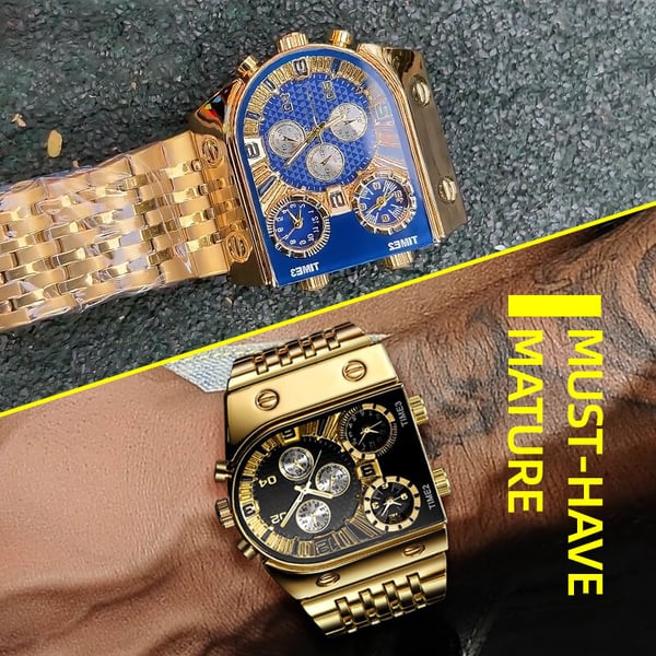 💼Business men's watch | Large 51 mm dial | Gold and stainless steel folding clasp | Waterproof and stylish