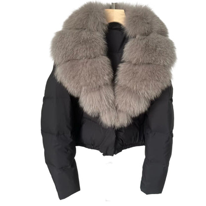 Women's Short-Length Fashionable Warm Fur-Collared Jacket（Icelandic white duck down）