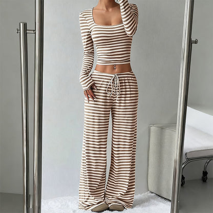 Striped Knit Slim Fit Top & Wide-Leg Pants Set