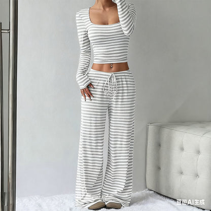 Striped Knit Slim Fit Top & Wide-Leg Pants Set