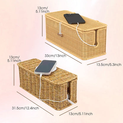 Hand Woven Rattan Cable Organizer Box with Lid