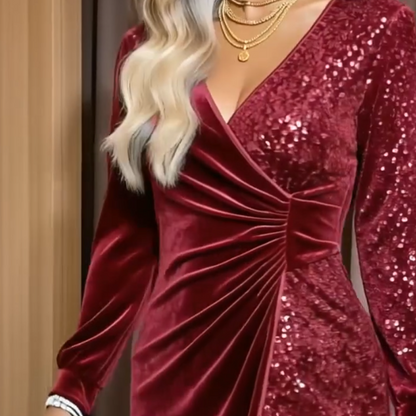 🔥Black Friday Mega Sale🔥Women’s Long Sleeve V-Neck Sequined Dress