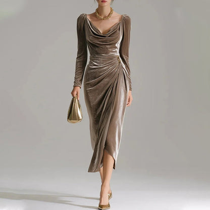 🎄Christmas Sale 50% OFF✨Long Sleeve Cowl Neck Bodycon Dress with Thigh Slit