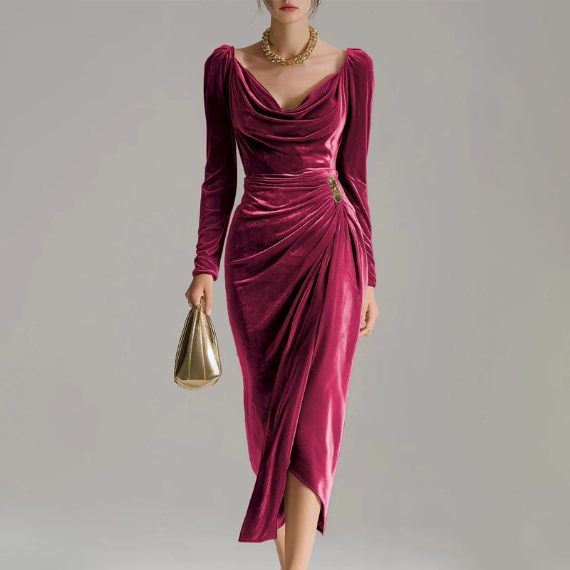 🎄Christmas Sale 50% OFF✨Long Sleeve Cowl Neck Bodycon Dress with Thigh Slit