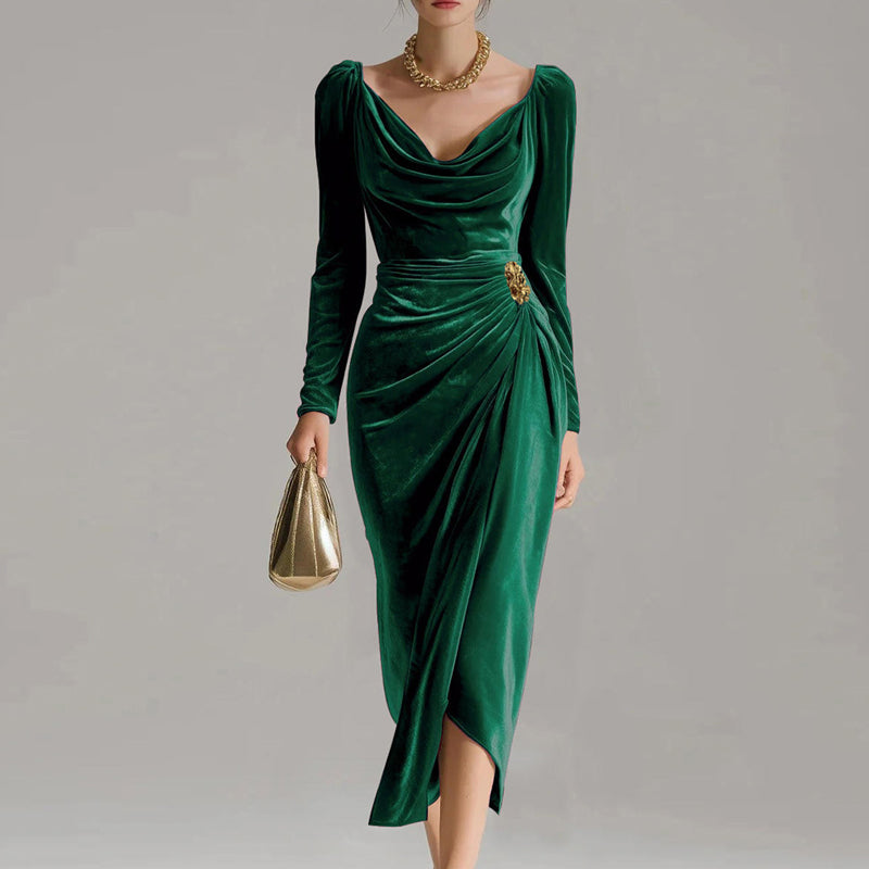 🎄Christmas Sale 50% OFF✨Long Sleeve Cowl Neck Bodycon Dress with Thigh Slit