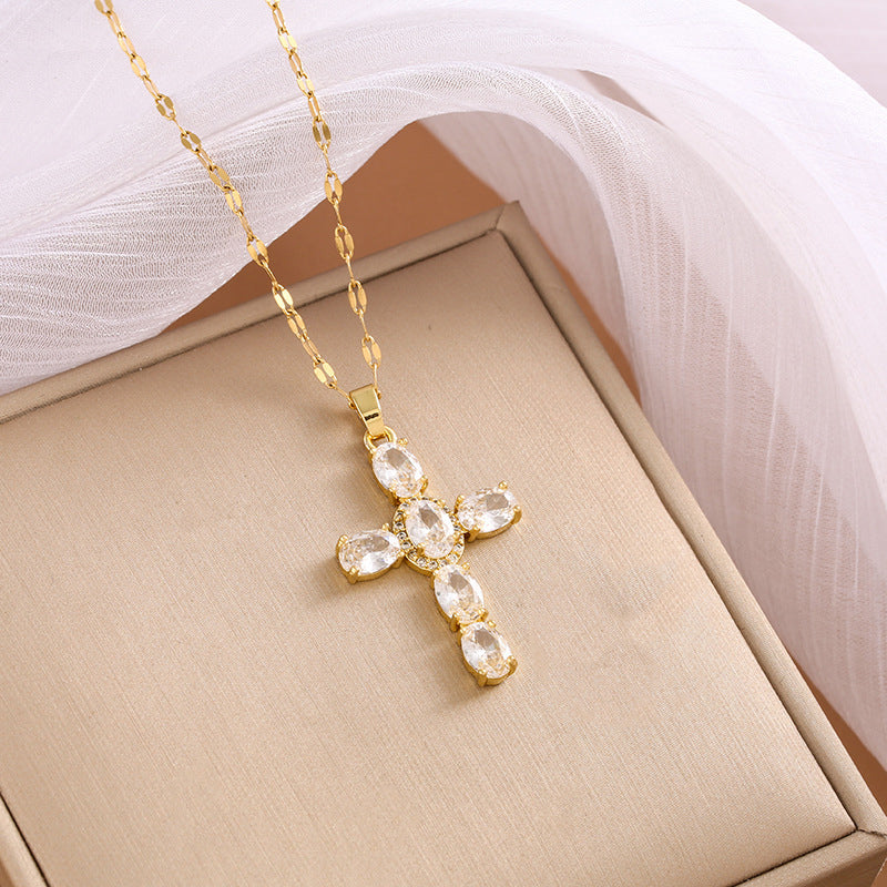 Women's Multicolored Sparkling Zircon Cross Necklace