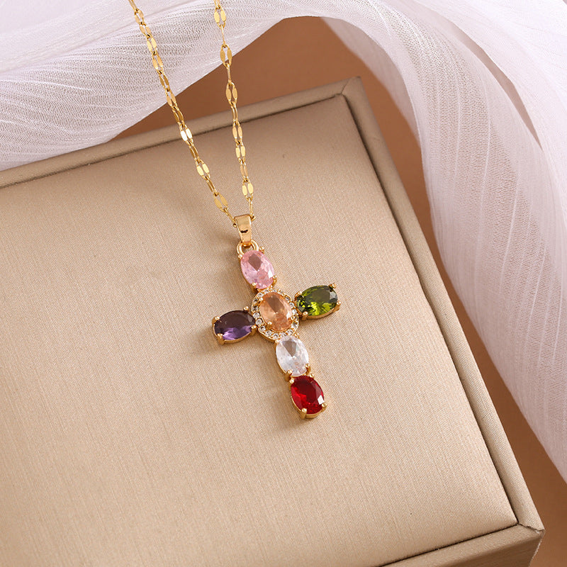 Women's Multicolored Sparkling Zircon Cross Necklace