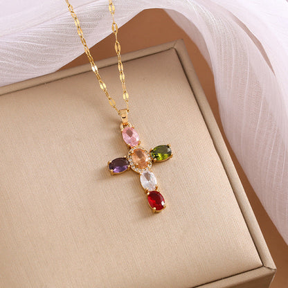 Women's Multicolored Sparkling Zircon Cross Necklace