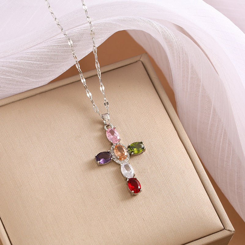Women's Multicolored Sparkling Zircon Cross Necklace