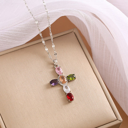 Women's Multicolored Sparkling Zircon Cross Necklace