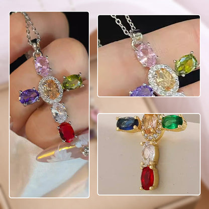 Women's Multicolored Sparkling Zircon Cross Necklace