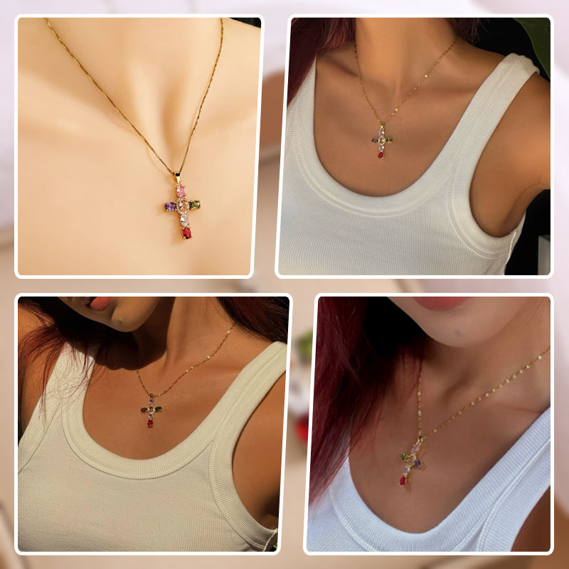 Women's Multicolored Sparkling Zircon Cross Necklace