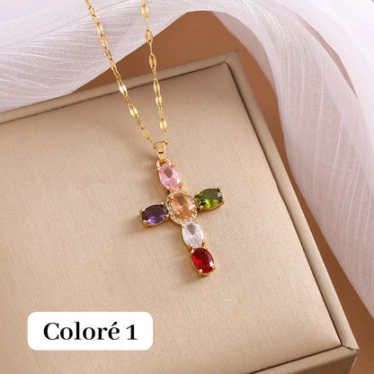 Women's Multicolored Sparkling Zircon Cross Necklace